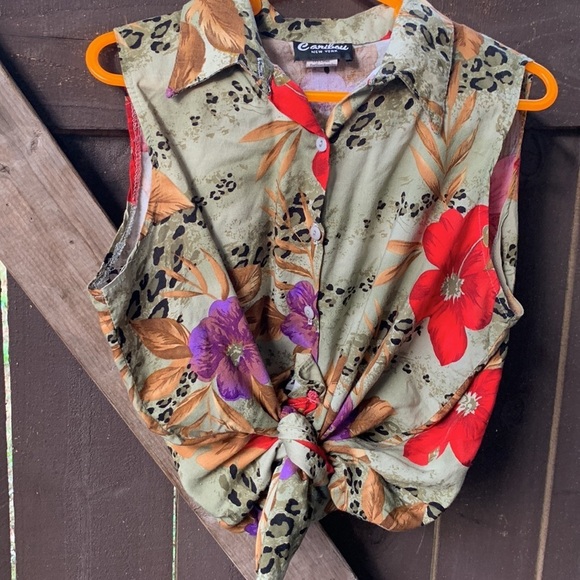 90s Vintage Leopard Tropical Floral Button Up Sleeveless Top Size Medium/Large - Picture 15 of 15